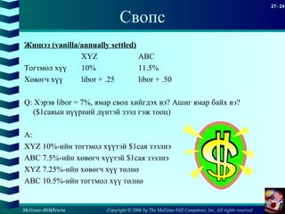 Copyright © 2006 by The McGraw-Hill Companies, Inc. All rights reserved
27- 24
McGraw-Hill/Irwin
Свопс
Жишээ (vanilla/annually settled)
XYZ ABC
Тогтмол хүү 10% 11.5%
Хөвөгч хүү libor + .25 libor + .50
Q: Хэрэв libor = 7%, ямар своп хийгдэх вэ? Ашиг ямар байх вэ?
($1саяын нүүрний дүнтэй зээл гэж тооц)
A:
XYZ 10%-ийн тогтмол хүүтэй $1сая зээлнэ
ABC 7.5%-ийн хөвөгч хүүтэй $1сая зээлнэ
XYZ 7.25%-ийн хөвөгч хүү төлнө
ABC 10.5%-ийн тогтмол хүү төлнө
 