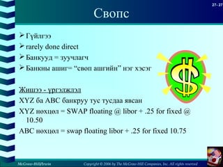 Copyright © 2006 by The McGraw-Hill Companies, Inc. All rights reserved
27- 27
McGraw-Hill/Irwin
Свопс
Гүйлгээ
rarely done direct
Банкууд = зуучлагч
Банкны ашиг= “своп ашгийн” нэг хэсэг
Жишээ - үргэлжлэл
XYZ ба ABC банкруу тус тусдаа явсан
XYZ нөхцөл = SWAP floating @ libor + .25 for fixed @
10.50
ABC нөхцөл = swap floating libor + .25 for fixed 10.75
 