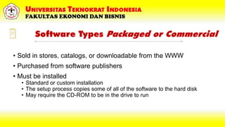 Software Types Packaged or Commercial
• Sold in stores, catalogs, or downloadable from the WWW
• Purchased from software publishers
• Must be installed
• Standard or custom installation
• The setup process copies some of all of the software to the hard disk
• May require the CD-ROM to be in the drive to run
 