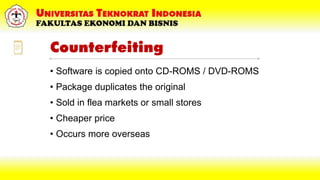 Counterfeiting
• Software is copied onto CD-ROMS / DVD-ROMS
• Package duplicates the original
• Sold in flea markets or small stores
• Cheaper price
• Occurs more overseas
 