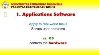 1. Applications Software
Apply to real-world tasks
Solves user problems
vs. OS
controls the hardware
 