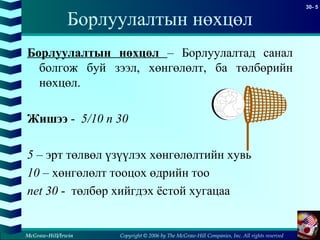 Copyright © 2006 by The McGraw-Hill Companies, Inc. All rights reserved
30- 5
McGraw-Hill/Irwin
Борлуулалтын нөхцөл
Борлуулалтын нөхцөл – Борлуулалтад санал
болгож буй зээл, хөнгөлөлт, ба төлбөрийн
нөхцөл.
Жишээ - 5/10 n 30
5 – эрт төлвөл үзүүлэх хөнгөлөлтийн хувь
10 – хөнгөлөлт тооцох өдрийн тоо
net 30 - төлбөр хийгдэх ёстой хугацаа
 