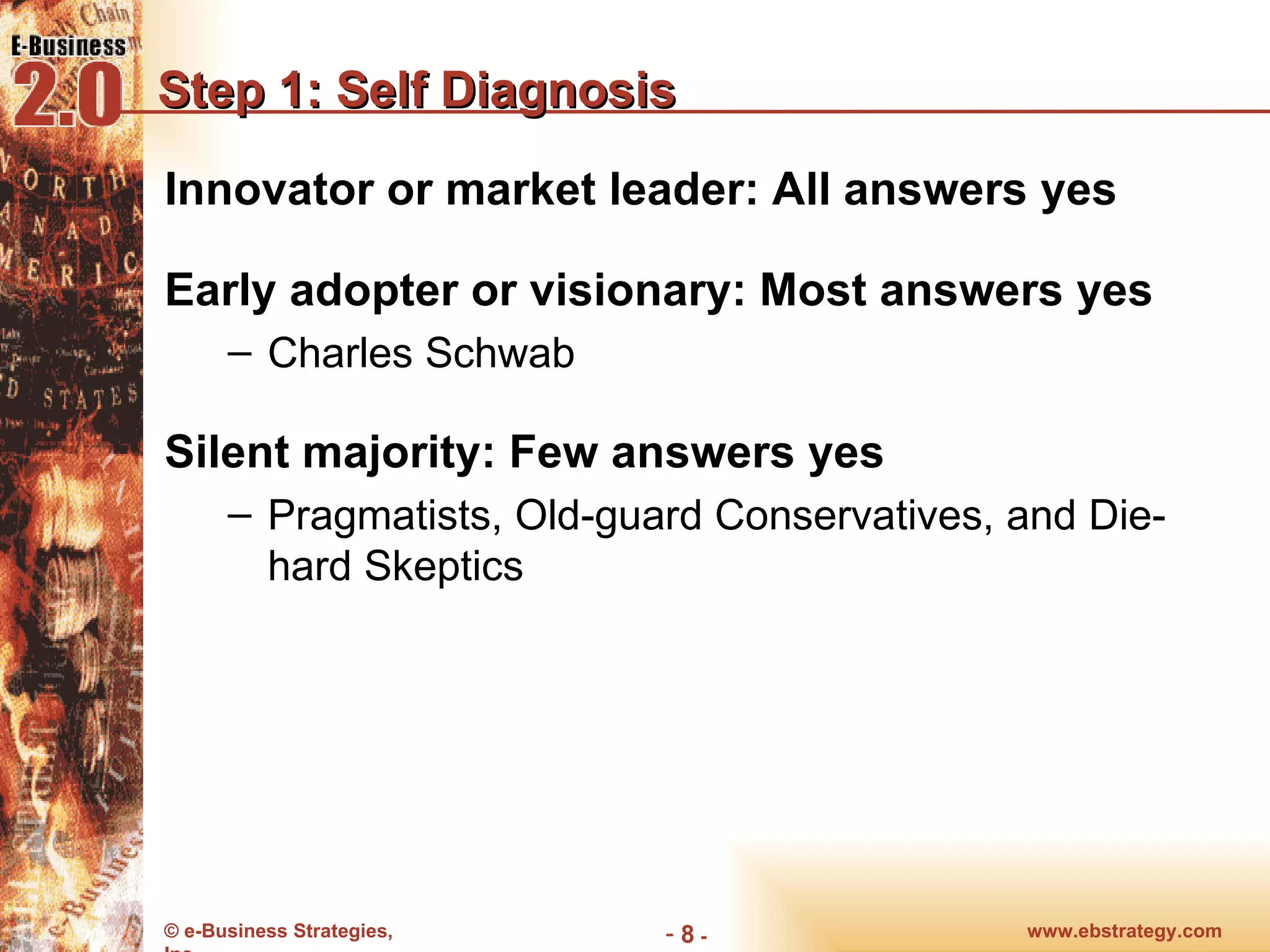 Step 1: Self Diagnosis Innovator or market leader: All answers yes Early adopter or visionary: Most answers yes Charles Schwab Silent majority: Few answers yes Pragmatists, Old-guard Conservatives, and Die-hard Skeptics www.ebstrategy.com  - 