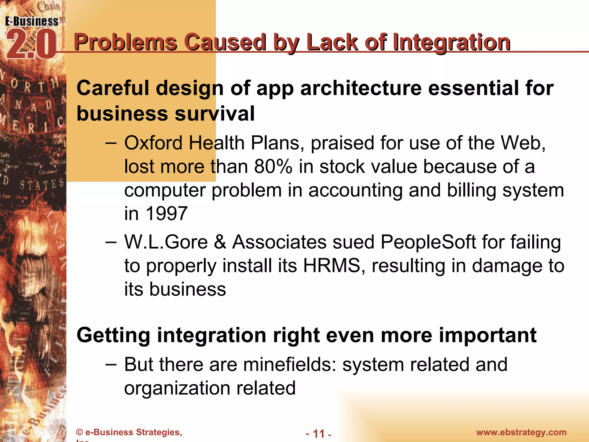 Problems Caused by Lack of Integration Careful design of app architecture essential for business survival Oxford Health Plans, praised for use of the Web, lost more than 80% in stock value because of a computer problem in accounting and billing system in 1997 W.L.Gore & Associates sued PeopleSoft for failing to properly install its HRMS, resulting in damage to its business Getting integration right even more important But there are minefields: system related and organization related 