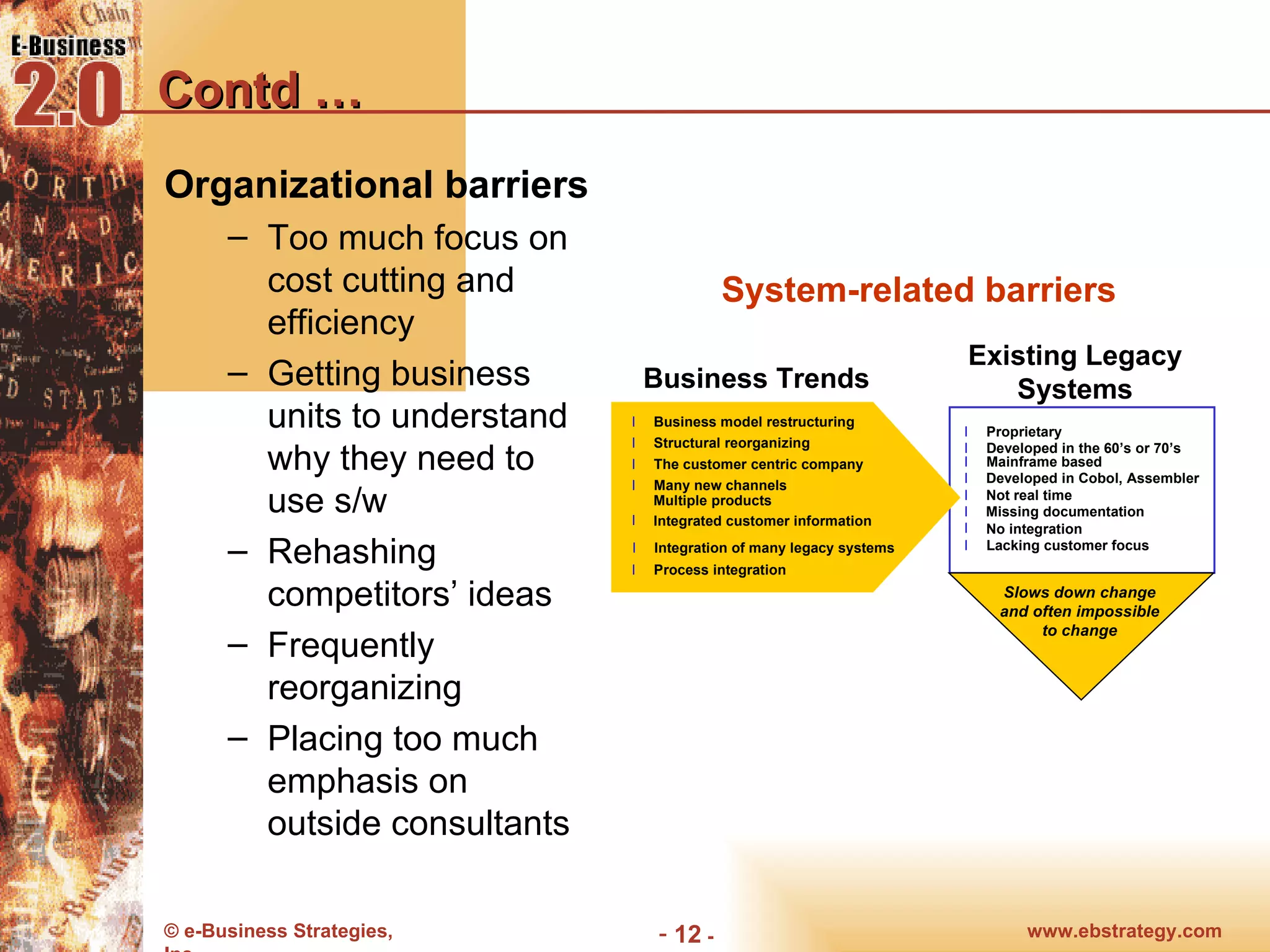 Contd … Organizational barriers Too much focus on cost cutting and efficiency Getting business units to understand why they need to use s/w Rehashing competitors’ ideas Frequently reorganizing Placing too much emphasis on outside consultants Business Trends l Proprietary  l Developed in the 60’s or 70’s l Mainframe based l Developed in Cobol, Assembler l Not real time l Missing documentation l No integration l Lacking customer focus Existing Legacy Systems Slows down change and often impossible to change System-related barriers l Business model restructuring l The customer centric company l Many new channels Multiple products l Integrated customer information l Integration of many legacy systems l Process integration l Structural reorganizing 