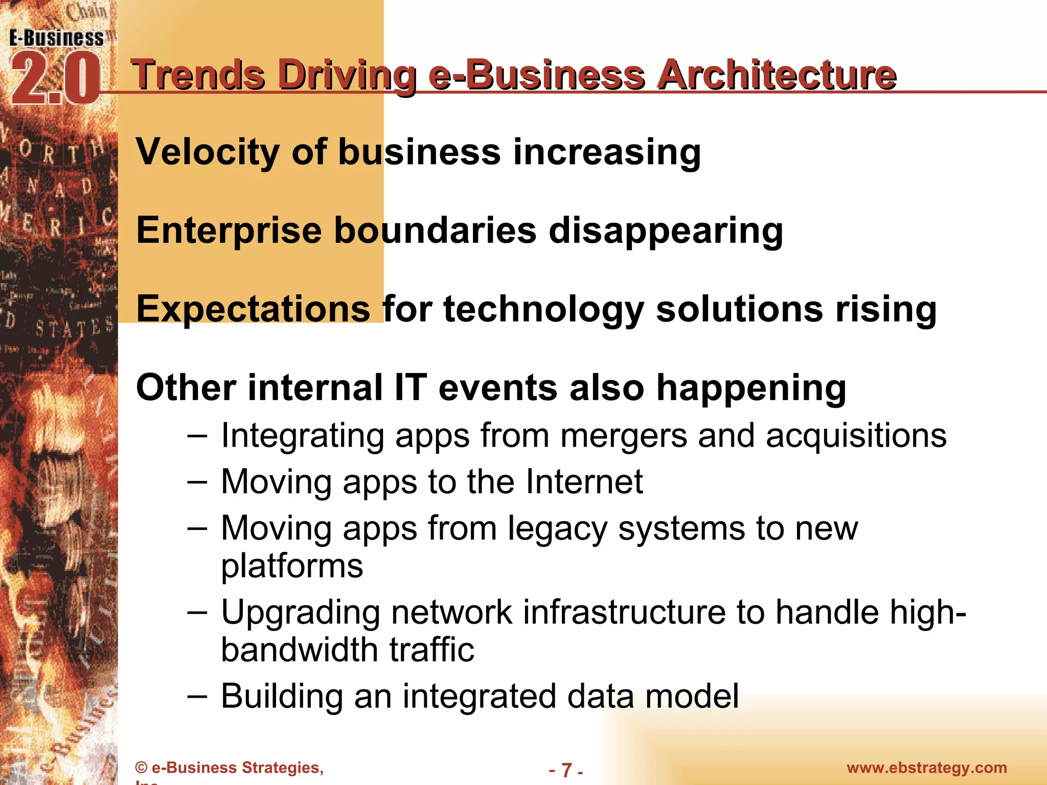 Trends Driving e-Business Architecture Velocity of business increasing Enterprise boundaries disappearing Expectations for technology solutions rising Other internal IT events also happening Integrating apps from mergers and acquisitions Moving apps to the Internet Moving apps from legacy systems to new platforms Upgrading network infrastructure to handle high-bandwidth traffic Building an integrated data model 