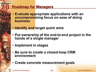 Roadmap for Managers Evaluate appropriate applications with an uncompromising focus on ease of doing business Identify and target quick wins Put ownership of the end-to-end project in the hands of a single manager Implement in stages Be sure to create a closed-loop CRM environment Create concrete measurement goals 