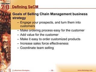 Defining SeCM Goals of Selling Chain Management business strategy Engage your prospects, and turn them into customers  Make ordering process easy for the customer Add value for the customer Make it easy to order customized products Increase sales force effectiveness Coordinate team selling 