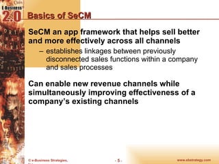 Basics of SeCM SeCM an app framework that helps sell better and more effectively across all channels establishes linkages between previously disconnected sales functions within a company and sales processes Can enable new revenue channels while simultaneously improving effectiveness of a company’s existing channels 