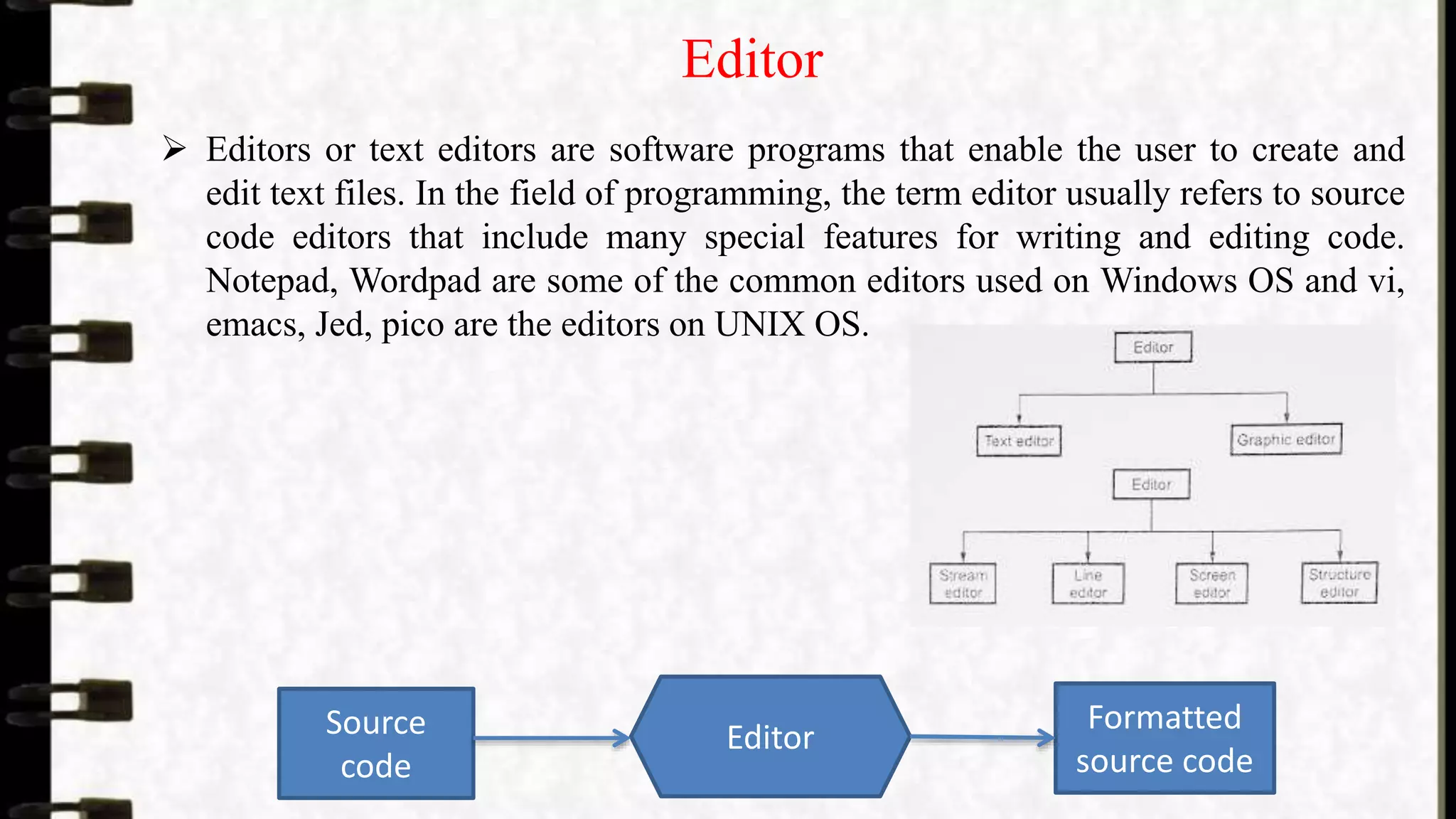 Editor
 Editors or text editors are software programs that enable the user to create and
edit text files. In the field of programming, the term editor usually refers to source
code editors that include many special features for writing and editing code.
Notepad, Wordpad are some of the common editors used on Windows OS and vi,
emacs, Jed, pico are the editors on UNIX OS.
Source
code
Editor
Formatted
source code
 
