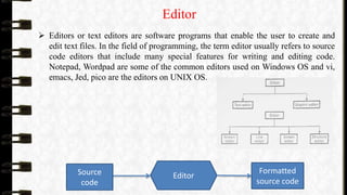 Editor
 Editors or text editors are software programs that enable the user to create and
edit text files. In the field of programming, the term editor usually refers to source
code editors that include many special features for writing and editing code.
Notepad, Wordpad are some of the common editors used on Windows OS and vi,
emacs, Jed, pico are the editors on UNIX OS.
Source
code
Editor
Formatted
source code
 