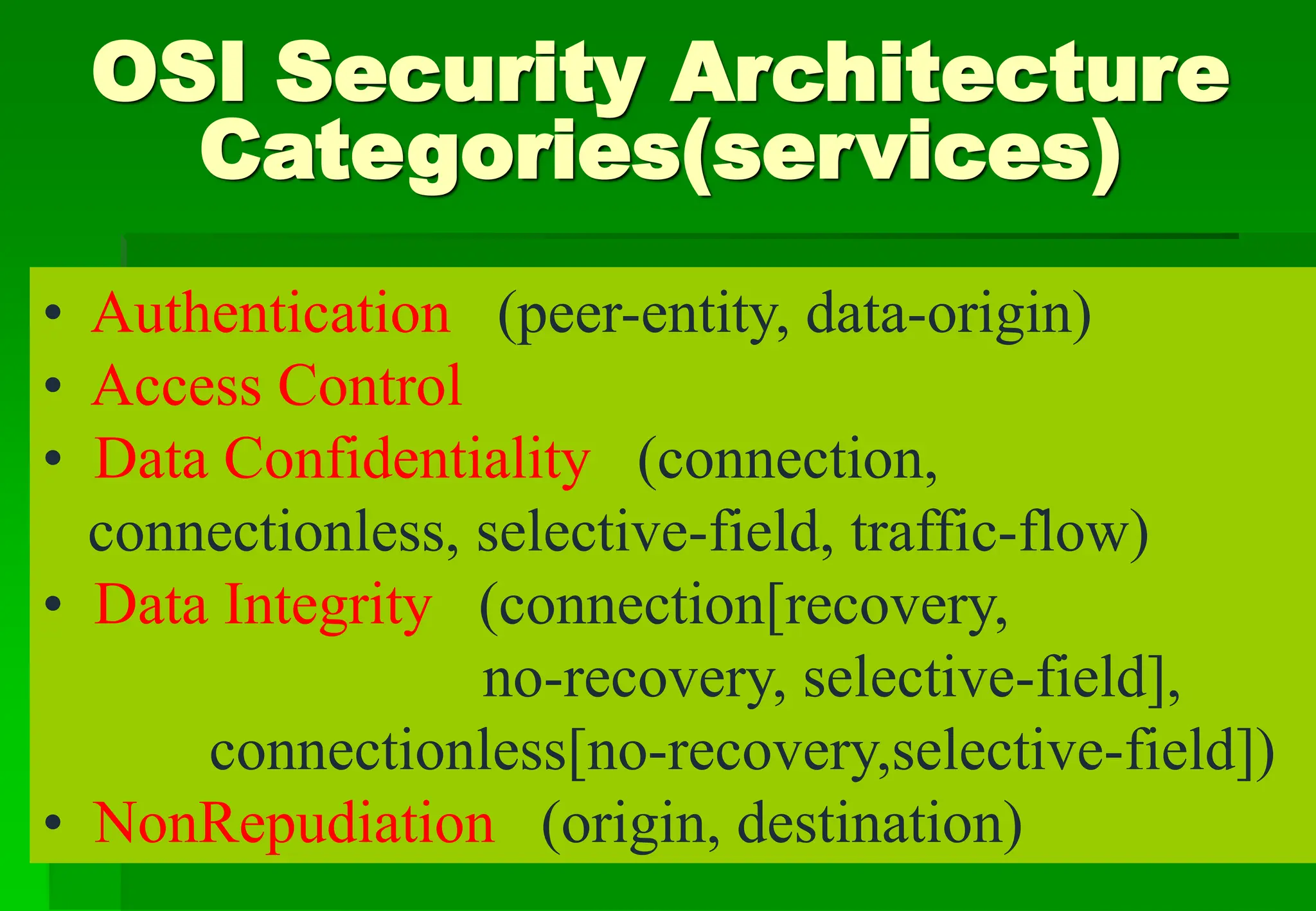 OSI Security Architecture
Categories(services)
• Authentication (peer-entity, data-origin)
• Access Control
• Data Confidentiality (connection,
connectionless, selective-field, traffic-flow)
• Data Integrity (connection[recovery,
no-recovery, selective-field],
connectionless[no-recovery,selective-field])
• NonRepudiation (origin, destination)
 