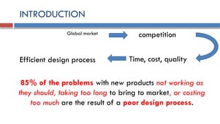 INTRODUCTION
Global market competition
Time, cost, quality
Efficient design process
85% of the problems with new products not working as
they should, taking too long to bring to market, or costing
too much are the result of a poor design process.
 
