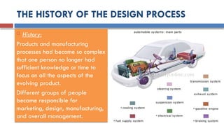 THE HISTORY OF THE DESIGN PROCESS
 History:
Products and manufacturing
processes had become so complex
that one person no longer had
sufficient knowledge or time to
focus on all the aspects of the
evolving product.
Different groups of people
became responsible for
marketing, design, manufacturing,
and overall management.
 