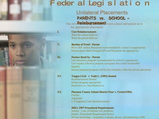 Federal Legislation Unilateral Placements This involves a disagreement between school and parent as to  the appropriate placement .  PARENTS  vs.  SCHOOL - Reimbursement Cost Reimbursements  What the school believes What the parent believes Burden of Proof - Parent Prove IEP  and/or Placement recommended by school is inappropriate Parents prove their arranged IEP and Placement are appropriate Factors faced by - Parent Law presumes program recommended by school is appropriate Law require school to propose a program that confer (reasonable benefit) School proposed program will be less restrictive than the private placement  Teague I.S.D.  v. Todd L. (1993) Denied Reimbursement Denied School program appropriate Restrictive vs. Non-Restrictive Florence County School District Four v. Carter(1994) Facility Argument U S Supreme Court Reimbursement IDEA   1997 Procedural Requirements School – Line of Defense (fix problem) Parent - Procedural Requirement Notice Private Schooling – Assemble, evaluate, devise, and determine FAPE 