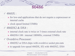 Chapter 1 Introduction to the
Microprocessor and Computer 27
80486
486SX :
for low-end applications that do not require a coprocessor or
internal cache
clock speed limited 33MHz
486DX2 & DX4 :
internal clock rate is twice or 3 times external clock rate
486DX4 100 : internal 100MHz, external 33MHz
Overdrive Processor:
486DX2 or DX4 chips with overdrive socket pin-outs
to upgrade low-speed 486DX, SX with 486DX2, DX4
 