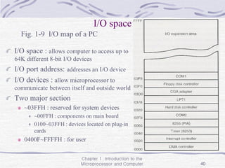 Chapter 1 Introduction to the
Microprocessor and Computer 40
I/O space
I/O space : allows computer to access up to
64K different 8-bit I/O devices
I/O port address: addresses an I/O device
I/O devices : allow microprocessor to
communicate between itself and outside world
Two major section
~03FFH : reserved for system devices
~00FFH : components on main board
0100~03FFH : devices located on plug-in
cards
0400F~FFFFH : for user
Fig. 1-9 I/O map of a PC
 
