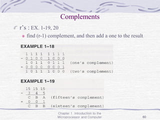 Chapter 1 Introduction to the
Microprocessor and Computer 60
Complements
r’s : EX. 1-19, 20
find (r-1) complement, and then add a one to the result
 