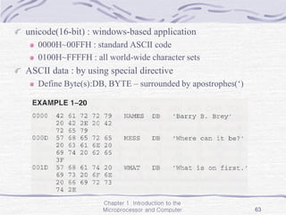 Chapter 1 Introduction to the
Microprocessor and Computer 63
unicode(16-bit) : windows-based application
0000H~00FFH : standard ASCII code
0100H~FFFFH : all world-wide character sets
ASCII data : by using special directive
Define Byte(s):DB, BYTE – surrounded by apostrophes(‘)
 
