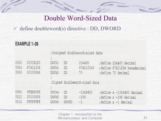 Chapter 1 Introduction to the
Microprocessor and Computer 71
Double Word-Sized Data
define doubleword(s) directive : DD, DWORD
 