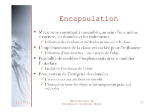 Polymorphisme : Exemple
Véhicule
seDéplacer( )

Train
seDéplacer( )

seDéplacer(){
Print (« Sur des rails »);
}

27/02/2014

Voiture

Bateau

seDéplacer( )

seDéplacer( )

seDéplacer(){
Print (« Sur la route »);
}

Méthodologie de
Conception Orientée Objet

seDéplacer(){
Print (« Sur l’eau»);
}

30

 