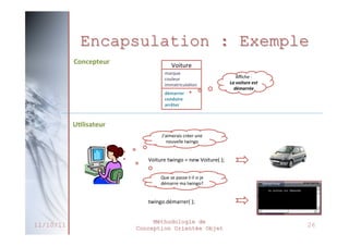 Agrégation
 Relation entre deux classes, de sorte que
les objets de l’une soient des composants
de l’autre
 Traduit la relation « est composé de… » ou
«a…»
 Toute agrégation est caractérisée par une
cardinalité
 Combien définit la classe contenante d’instances
de la classe contenue?
 À combien de classes peut appartenir un objet?
27/02/2014

 Avantage

Méthodologie de
Conception Orientée Objet

31

 