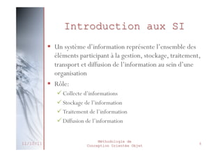 Etapes de Réalisation d’un
SI (2/3)
 Expression des besoins
 Définition d’un cahier des charges

 Spécification
 Ce que le système doit être et comment il peut être utilisé

 Analyse
 Éléments intervenant dans le SI, leurs structures et
relations
 A définir sur 3 axes
• Savoir-faire de l’objet
• Structure de l’objet
• Cycle de vie de l’objet

 axe fonctionnel
 axe statique
 axe dynamique

 Conception
 Apport de solutions techniques: architecture, performance
et optimisation
 Définition des structures et des algorithmes
27/02/2014

Méthodologie de
Conception Orientée Objet

6

 