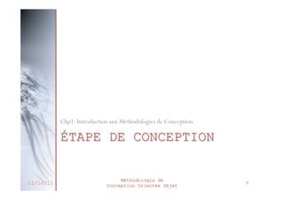 Méthode et Langage
 Méthode de conception
 Description normative des étapes de la
modélisation
 Exemple: Merise
 Problème:
• Existence de plusieurs cas particuliers  difficulté de
représenter une méthode exhaustive

 Langage de modélisation

27/02/2014

 Langage graphique pour
représenter, communiquer les divers aspects
d’un système d’information
 Possède un vocabulaire et des règles qui
permettent de combiner les mots afin de
Méthodologie de
Conception Orientée Objet
communiquer

11

 