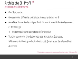 Architecte SI : Proﬁl
● Chef d’orchestre
● Coordonne les différents spécialistes intervenant dans les SI
● Au delà de l’expertise technique, il doit faire du SI un outil de développement
et de stratégie
○ Doit être calé dans les métiers de l’entreprise
● Travaille au sein des grandes entreprises utilisatrices (banques,
télécommunications, grande distribution, etc.) mais aussi dans les cabinet
de conseil
10
Architectures d’Entreprise
(*)
(*) https://www.lesjeudis.com/metiers/systeme/architecte-systeme-d'information/ﬁche
 