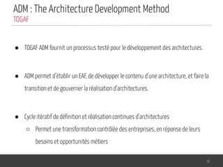 ADM : The Architecture Development Method
● TOGAF ADM fournit un processus testé pour le développement des architectures.
● ADM permet d’établir un EAF, de développer le contenu d’une architecture, et faire la
transition et de gouverner la réalisation d’architectures.
● Cycle itératif de déﬁnition et réalisation continues d’architectures
○ Permet une transformation contrôlée des entreprises, en réponse de leurs
besoins et opportunités métiers
31
TOGAF
 