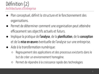 Déﬁnition (2)
● Plan conceptuel, déﬁnit la structure et le fonctionnement des
organisations.
● Permet de déterminer comment une organisation peut atteindre
efficacement ses objectifs actuels et futurs.
● Implique la pratique de l'analyse, de la planiﬁcation, de la conception
et de la mise en œuvre éventuelle de l'analyse sur une entreprise.
● Aide à la transformation numérique:
○ Regroupement des applications et des processus existants dans le
but de créer un environnement homogène.
○ Permet de répondre à la croissance rapide des technologies
5
Architectures d’Entreprise
 