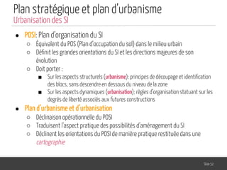 Plan stratégique et plan d’urbanisme
● POSI: Plan d’organisation du SI
○ Équivalent du POS (Plan d’occupation du sol) dans le milieu urbain
○ Déﬁnit les grandes orientations du SI et les directions majeures de son
évolution
○ Doit porter :
■ Sur les aspects structurels (urbanisme): principes de découpage et identiﬁcation
des blocs, sans descendre en dessous du niveau de la zone
■ Sur les aspects dynamiques (urbanisation): règles d’organisation statuant sur les
degrés de liberté associés aux futures constructions
● Plan d’urbanisme et d’urbanisation
○ Déclinaison opérationnelle du POSI
○ Traduisent l’aspect pratique des possibilités d’aménagement du SI
○ Déclinent les orientations du POSI de manière pratique restituée dans une
cartographie
Slide 52
Urbanisation des SI
 