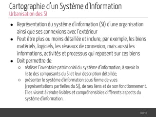 Cartographie d’un Système d’Information
● Représentation du système d’information (SI) d’une organisation
ainsi que ses connexions avec l’extérieur
● Peut être plus ou moins détaillée et inclure, par exemple, les biens
matériels, logiciels, les réseaux de connexion, mais aussi les
informations, activités et processus qui reposent sur ces biens
● Doit permettre de:
○ réaliser l’inventaire patrimonial du système d’information, à savoir la
liste des composants du SI et leur description détaillée;
○ présenter le système d’information sous forme de vues
(représentations partielles du SI), de ses liens et de son fonctionnement.
Elles visent à rendre lisibles et compréhensibles différents aspects du
système d’information.
Slide 53
Urbanisation des SI
 