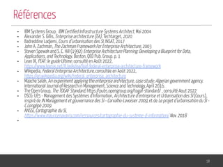 - IBM Systems Group, IBM Certiﬁed Infrastructure Systems Architect, Mai 2004
- Alexander S. Gillis, Enterprise architecture (EA), Techtarget, 2020
- Badreddine Ladjemi, Cours d’urbanisation des SI, INSAT, 2017
- John A. Zachman, The Zachman Framework For Enterprise Architecture, 2003
- Steven Spewak and S. C. Hill (1992) Enterprise Architecture Planning: Developing a Blueprint for Data,
Applications, and Technology. Boston, QED Pub. Group. p. 1
- Lean IX, FEAF: le guide Ultime, consulté en Août 2022,
https://www.leanix.net/fr/wiki/ea/feaf-federal-enterprise-architecture-framework
- Wikipedia, Federal Enterprise Architecture, consultée en Août 2022,
https://en.wikipedia.org/wiki/Federal_enterprise_architecture
- Maache Salah, An experiment applying the enterprise architecture, case study: Algerian government agency.
International Journal of Research in Management, Science and Technology, April 2016.
- The Open Group, The TOGAF Standard, https://pubs.opengroup.org/togaf-standard/ , consulté Aout 2022
- DSCG: UE5 - Management des Systèmes d’Information, Architecture d’entreprise et Urbanisation des SI (Cours),
inspiré de IN Management et gouvernance des SI - Carvalho-Lavoisier 2009, et de Le projet d’urbanisation du SI -
C.Longépé 2009.
- ANSSI, Cartographie du SI,
https://www.mauricenavarro.com/ressources/cartographie-du-systeme-d-information/ Nov. 2018
-
58
Références
 