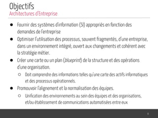 Objectifs
● Fournir des systèmes d'information (SI) appropriés en fonction des
demandes de l'entreprise
● Optimiser l’utilisation des processus, souvent fragmentés, d’une entreprise,
dans un environnement intégré, ouvert aux changements et cohérent avec
la stratégie métier.
● Créer une carte ou un plan (blueprint) de la structure et des opérations
d'une organisation.
○ Doit comprendre des informations telles qu'une carte des actifs informatiques
et des processus opérationnels.
● Promouvoir l'alignement et la normalisation des équipes.
○ Uniﬁcation des environnements au sein des équipes et des organisations,
et/ou établissement de communications automatisées entre eux
8
Architectures d’Entreprise
 