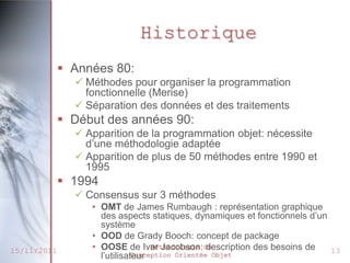 Historique
              Années 80:
                Méthodes pour organiser la programmation
                 fonctionnelle (Merise)
                Séparation des données et des traitements
              Début des années 90:
                Apparition de la programmation objet: nécessite
                 d’une méthodologie adaptée
                Apparition de plus de 50 méthodes entre 1990 et
                 1995
              1994
                Consensus sur 3 méthodes
                  • OMT de James Rumbaugh : représentation graphique
                    des aspects statiques, dynamiques et fonctionnels d’un
                    système
                  • OOD de Grady Booch: concept de package
15/11/2011        • OOSE de Ivar Jacobson:de
                                   Méthodologie description des besoins de
                                                                           13
                    l’utilisateur
                              Conception Orientée Objet
 