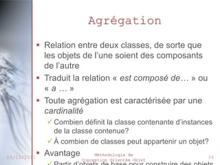 Agrégation
              Relation entre deux classes, de sorte que
               les objets de l’une soient des composants
               de l’autre
              Traduit la relation « est composé de… » ou
               «a…»
              Toute agrégation est caractérisée par une
               cardinalité
                Combien définit la classe contenante d’instances
                 de la classe contenue?
                À combien de classes peut appartenir un objet?

15/11/2011
              Avantage        Méthodologie de
                                                               34
                          Conception Orientée Objet
 