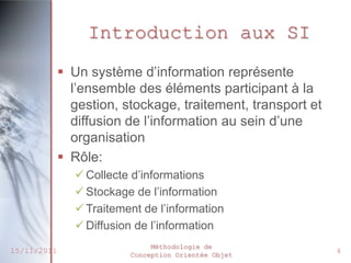 Introduction aux SI
              Un système d’information représente
               l’ensemble des éléments participant à la
               gestion, stockage, traitement, transport et
               diffusion de l’information au sein d’une
               organisation
              Rôle:
                Collecte d’informations
                Stockage de l’information
                Traitement de l’information
                Diffusion de l’information
                              Méthodologie de
15/11/2011               Conception Orientée Objet
                                                             4
 