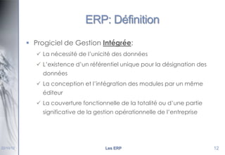 ERP: Définition
 Progiciel de Gestion Intégrée:
 La nécessité de l’unicité des données
 L’existence d’un référentiel unique pour la désignation des
données
 La conception et l’intégration des modules par un même
éditeur
 La couverture fonctionnelle de la totalité ou d’une partie
significative de la gestion opérationnelle de l’entreprise

22/10/12

Les ERP

12

 