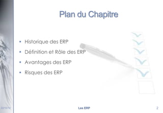 Plan du Chapitre
 Historique des ERP
 Définition et Rôle des ERP
 Avantages des ERP
 Risques des ERP

22/10/12

Les ERP

2

 