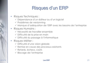 Risques d’un ERP
 Risques Techniques :
 Dépendance d’un éditeur ou d’un logiciel
 Problèmes de versionning
 Manque d’adéquation de l’ERP avec les besoins de l’entreprise

 Risques Humains :
 Nécessité de travailler ensemble
 Difficulté de la prise en main
 Difficulté du passage à l’informatique

 Risques Métier :





22/10/12

Difficulté d’une vision globale
Remise en cause des processus existants
Retards, échecs, coûts
Blocage de l’entreprise

Les ERP

21

 