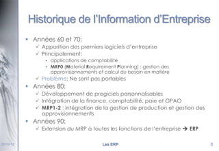 Historique de l’Information d’Entreprise
 Années 60 et 70:
 Apparition des premiers logiciels d’entreprise
 Principalement:
• applications de comptabilité
• MRP0 (Material Requirement Planning) : gestion des
approvisionnements et calcul du besoin en matière

 Problème: Ne sont pas portables

 Années 80:
 Développement de progiciels personnalisables
 Intégration de la finance, comptabilité, paie et GPAO
 MRP1-2 : intégration de la gestion de production et gestion des
approvisionnements

 Années 90:
 Extension du MRP à toutes les fonctions de l’entreprise  ERP
22/10/12

Les ERP

8

 