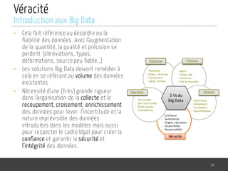 Véracité
• Cela fait référence au désordre ou la
fiabilité des données. Avec l’augmentation
de la quantité, la qualité et précision se
perdent (abréviations, typos,
déformations, source peu fiable…)
• Les solutions Big Data doivent remédier à
cela en se référant au volume des données
existantes
• Nécessité d’une (très) grande rigueur
dans l’organisation de la collecte et le
recoupement, croisement, enrichissement
des données pour lever l’incertitude et la
nature imprévisible des données
introduites dans les modèles mais aussi
pour respecter le cadre légal pour créer la
confiance et garantir la sécurité et
l’intégrité des données.
10
Introduction aux Big Data
5	Vs du	
Big	Data
Volume Vitesse
ValeurVariété
Véracité
- Téraoctets
- Enreg.	/	Archives
- Transactions
- Tables,	fichiers
- Batch
- Temps	réél
- Processus
- Flot de	données
- Statistiques
- Évènements
- Corrélations
- Hypothétiques
- Confiance
- Authenticité
- Origine,	réputation
- Disponibilité
- Responsabilité
- Structurées
- Non	structurées
- Multi-facteur
- Probabilistes
ValeurVariété
Volume Vitesse
 