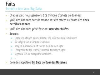 Faits
• Chaque jour, nous générons 2,5 trillions d’octets de données
• 90% des données dans le monde ont été créées au cours des deux
dernières années
• 90% des données générées sont non structurées
• Source:
§ Capteurs utilisés pour collecter les informations climatiques
§ Messages sur les médias sociaux
§ Images numériques et vidéos publiées en ligne
§ Enregistrements transactionnels d’achat en ligne
§ Signaux GPS de téléphones mobiles
§ …
• Données appelées Big Data ou Données Massives
2
Introduction aux Big Data
 