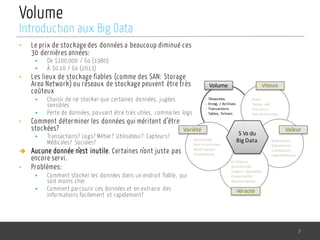 Volume
• Le prix de stockage des données a beaucoup diminué ces
30 dernières années:
§ De $100,000 / Go (1980)
§ À $0.10 / Go (2013)
• Les lieux de stockage fiables (comme des SAN: Storage
Area Network) ou réseaux de stockage peuvent être très
coûteux
§ Choisir de ne stocker que certaines données, jugées
sensibles
§ Perte de données, pouvant être très utiles, comme les logs
• Comment déterminer les données qui méritent d’être
stockées?
§ Transactions? Logs? Métier? Utilisateur? Capteurs?
Médicales? Sociales?
è Aucune donnée n’est inutile. Certaines n’ont juste pas
encore servi.
• Problèmes:
§ Comment stocker les données dans un endroit fiable, qui
soit moins cher
§ Comment parcourir ces données et en extraire des
informations facilement et rapidement?
7
Introduction aux Big Data
5	Vs du	
Big	Data
Volume Vitesse
ValeurVariété
Véracité
- Téraoctets
- Enreg.	/	Archives
- Transactions
- Tables,	fichiers
- Batch
- Temps	réél
- Processus
- Flot de	données
- Statistiques
- Évènements
- Corrélations
- Hypothétiques
- Confiance
- Authenticité
- Origine,	réputation
- Disponibilité
- Responsabilité
- Structurées
- Non	structurées
- Multi-facteur
- Probabilistes
 
