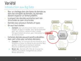 Variété
• Pour un stockage dans des bases de données ou
dans des entrepôts de données, les données
doivent respecter un format prédéfini.
• La plupart des données existantes sont non-
structurées ou semi-structurées
• Données sous plusieurs formats et types
• On veut tout stocker:
§ Exemple: pour une discussion dans un centre
d’appel, on peut la stocker sous forme textuelle
pour son contenu, comme on peut stocker
l’enregistrement en entier, pour interpréter le ton
de voix du client
• Certaines données peuvent paraître obsolètes,
mais sont utiles pour certaines décisions:
§ Exemple: Pour le transport de marchandise, on a
tendance à choisir le camion le plus proche. Mais
parfois, ce n’est pas la meilleure solution.
D’autres problèmes peuvent intervenir.
§ Besoin de : Données GPS, Plan de livraison du
camion, Circulation, Chargement du camion,
Niveau d’essence…
8
Introduction aux Big Data
5	Vs du	
Big	Data
Volume Vitesse
ValeurVariété
Véracité
- Téraoctets
- Enreg.	/	Archives
- Transactions
- Tables,	fichiers
- Batch
- Temps	réél
- Processus
- Flot de	données
- Statistiques
- Évènements
- Corrélations
- Hypothétiques
- Confiance
- Authenticité
- Origine,	réputation
- Disponibilité
- Responsabilité
- Structurées
- Non	structurées
- Multi-facteur
- Probabilistes
Vitesse
Valeur
Volume
Véracité
 