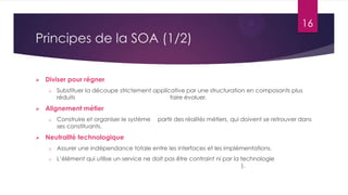 16

Principes de la SOA (1/2)


Diviser pour régner
o



Alignement métier
o



Substituer la découpe strictement applicative par une structuration en composants plus
réduits
faire évoluer.

Construire et organiser le système
ses constituants.

partir des réalités métiers, qui doivent se retrouver dans

Neutralité technologique
o

Assurer une indépendance totale entre les interfaces et les implémentations.

o

L’élément qui utilise un service ne doit pas être contraint ni par la technologie
).

 