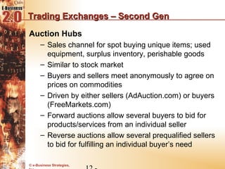 Trading Exchanges – Second Gen
Auction Hubs
      – Sales channel for spot buying unique items; used
        equipment, surplus inventory, perishable goods
      – Similar to stock market
      – Buyers and sellers meet anonymously to agree on
        prices on commodities
      – Driven by either sellers (AdAuction.com) or buyers
        (FreeMarkets.com)
      – Forward auctions allow several buyers to bid for
        products/services from an individual seller
      – Reverse auctions allow several prequalified sellers
        to bid for fulfilling an individual buyer’s need

© e-Business Strategies,
 