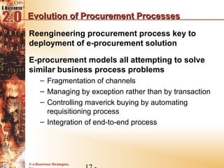 Evolution of Procurement Processes
Reengineering procurement process key to
deployment of e-procurement solution

E-procurement models all attempting to solve
similar business process problems
      – Fragmentation of channels
      – Managing by exception rather than by transaction
      – Controlling maverick buying by automating
        requisitioning process
      – Integration of end-to-end process




© e-Business Strategies,
 