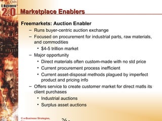 Marketplace Enablers
Freemarkets: Auction Enabler
      – Runs buyer-centric auction exchange
      – Focused on procurement for industrial parts, raw materials,
        and commodities
          • $4-5 trillion market
      – Major opportunity
          • Direct materials often custom-made with no std price
          • Current procurement process inefficient
          • Current asset-disposal methods plagued by imperfect
            product and pricing info
      – Offers service to create customer market for direct matls its
        client purchases
          • Industrial auctions
          • Surplus asset auctions

© e-Business Strategies,
 